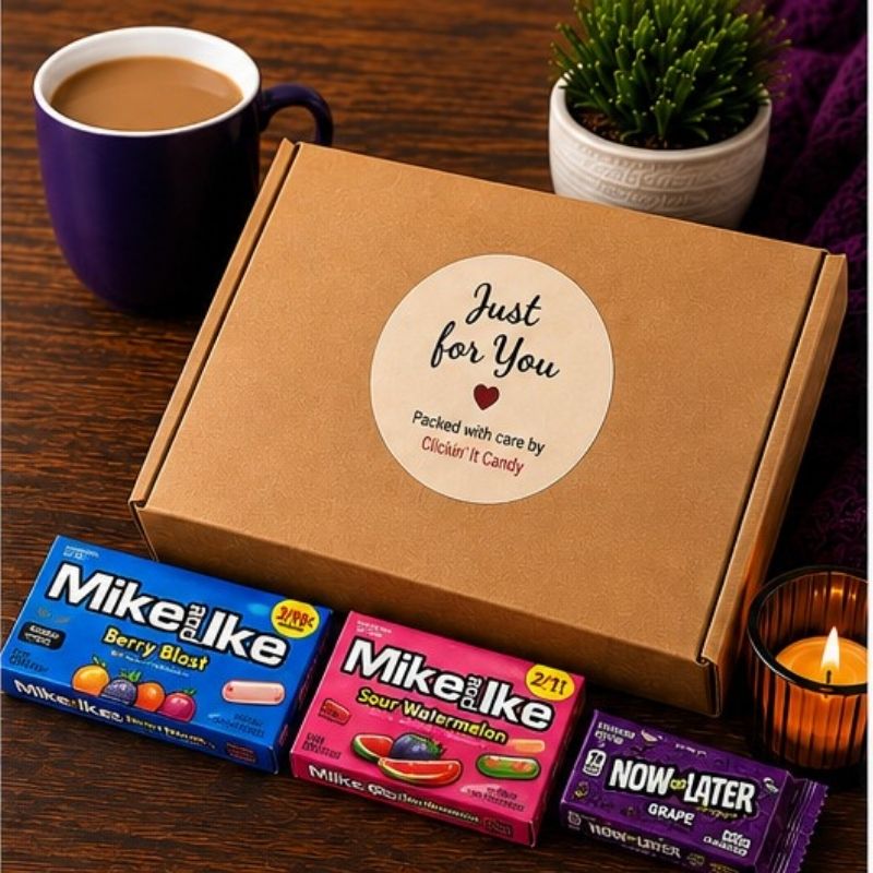 Clickin' It Candy USA Mike & Ike & Now & Later Gift Box – 13 Assorted American Candy Items – Imported USA Sweets Selection – Gift Box with "Just for You" Sticker