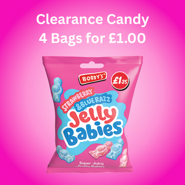 Clearance Candy Bags 4 for £1.00 - Strawberry & Blue Razz Jelly Babies